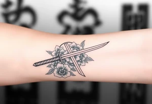 Masculine Japanese sword with flowers around it forearm tattoo idea