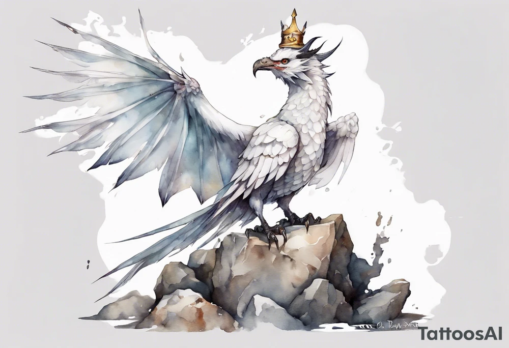 a white bird-wyvern hybrid, wearing an iron crown, perched on a stone tattoo idea