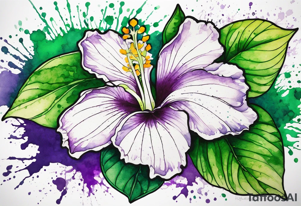An outline of an only green rio dipladenia flower and a green and purple watercolor splash in the background tattoo idea