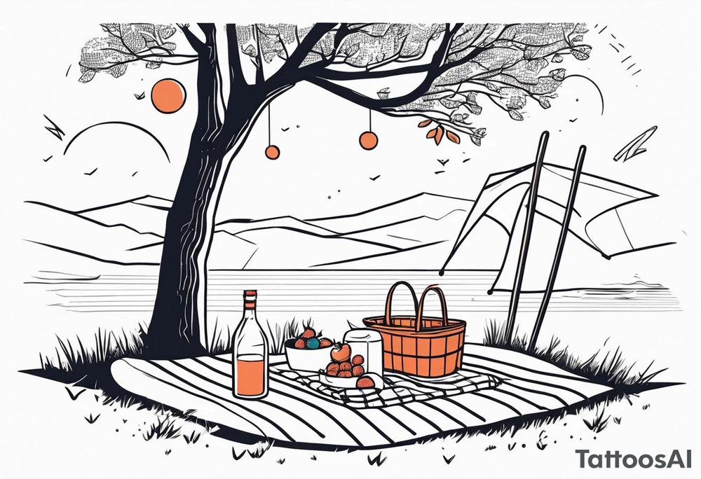 super minimalstic picnic scene. A blanket, picnic-basket with lid, pennants in two trees. Thin lines. tattoo idea