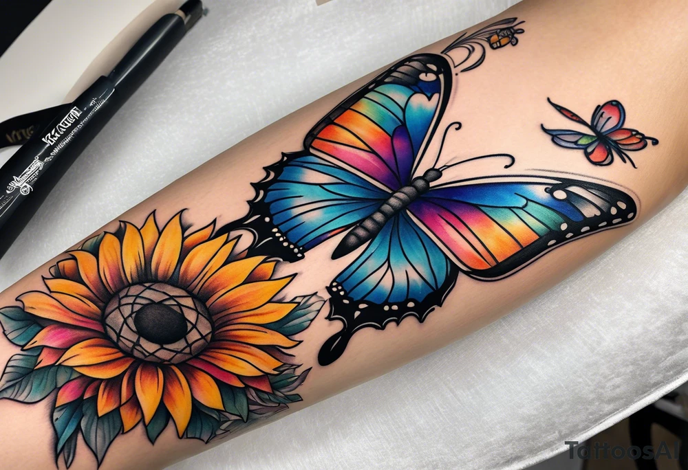 Quarter Leg sleeve with dreamcatcher, rainbow sunflowers and one butterfly tattoo idea
