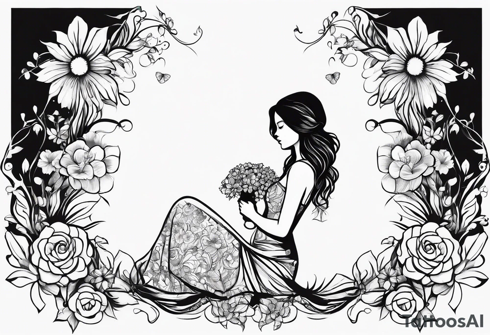 silhouette of a girl with a head of flowers , kneeling tattoo idea