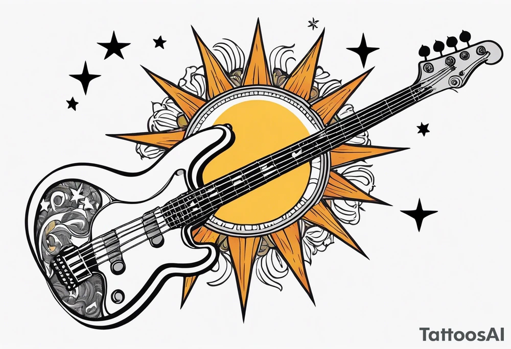 Collage for full left arm sleeve with:
a sun with a quarter moon,
2 stars,
bass guitar,
caduceus symbol tattoo idea