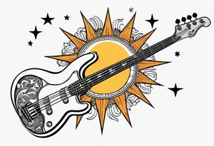 Collage for full left arm sleeve with:
a sun with a quarter moon, 
2 stars,
bass guitar, 
caduceus symbol tattoo idea