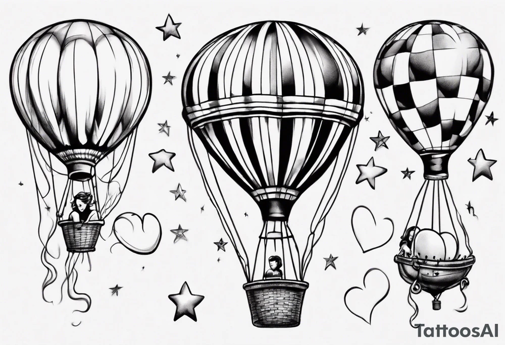 Hot water balloon with star and heart balloons and girl inside the balloon tattoo idea