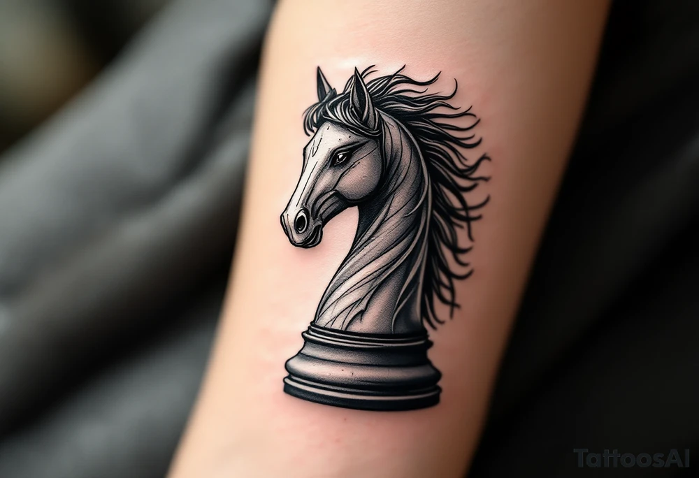 a knight of chess piece. it doesn't have legs, it's a chess piece. 
The knight piece is depicted in motion, slightly tilted forward as if it's charging or coming out of the shadows. The knight’s face is detailed but with a focus on the horse's strong features: its mane flowing in the wind, and the body etched with intricate details to represent strength and agility. The knight is emerging from a shadow, with the front part of the body illuminated in soft, warm light. The shadowed portions near the back and tail create a mystical aura. tattoo idea