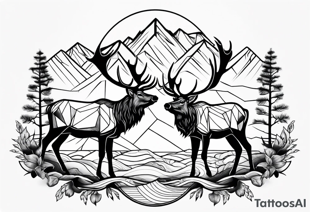 two elk fighting with mountains and stream in background tattoo idea two elk fighting with mountains and stream in background tattoo idea