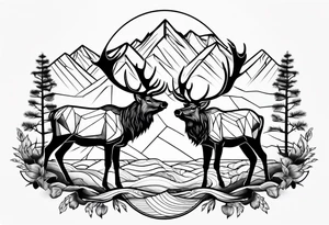 two elk fighting with mountains and stream in background tattoo idea