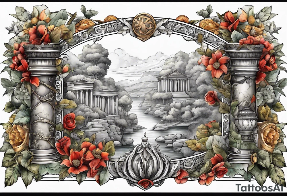 A sleeve of Roman objects, nature, and warriors tattoo idea