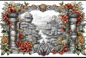 A sleeve of Roman objects, nature, and warriors tattoo idea