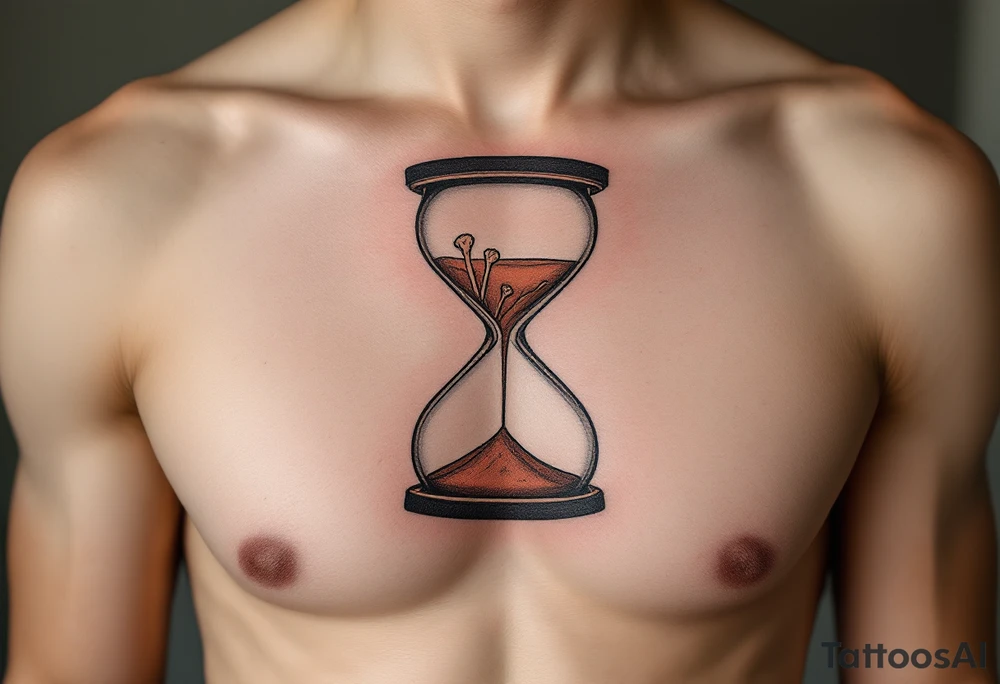 A minimalist hourglass in muted brown and beige, with bones replacing the sand and "memento mori" in fine black cursive. tattoo idea