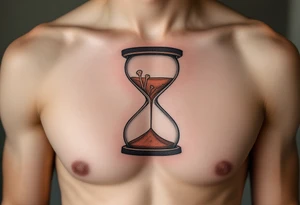 A minimalist hourglass in muted brown and beige, with bones replacing the sand and "memento mori" in fine black cursive. tattoo idea