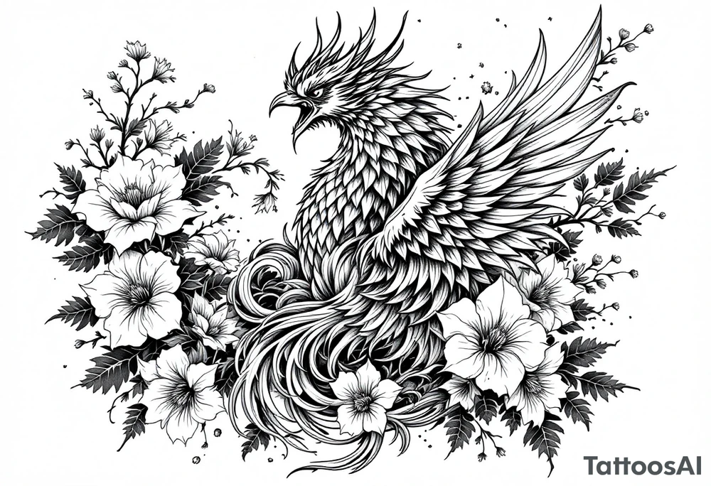 powerful japanese phoenix surrounded by maple leaf and cherry blossom tattoo idea