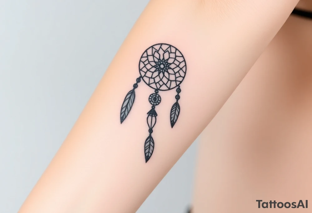 native dreamcatcher with flowing feathers and sacred beads tattoo idea
