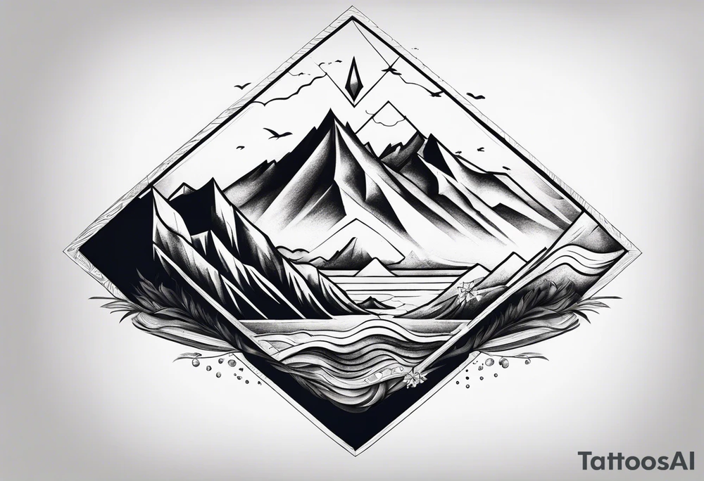 Mountains and ocean waves crashing diamond shape tattoo idea