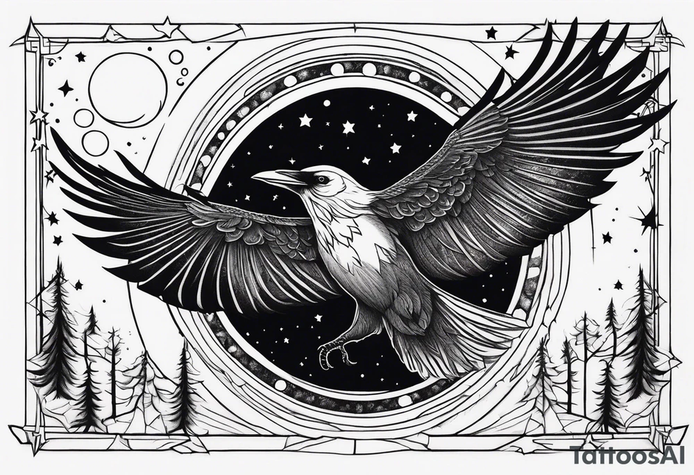 Raven flying, occult, mystical, knowing, light behind its eyes, ethereal, stars and trees in the background tattoo idea