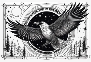Raven flying, occult, mystical, knowing, light behind its eyes, ethereal, stars and trees in the background tattoo idea