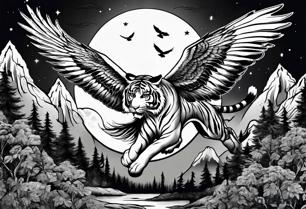Tiger with wings hunting flying owl full moon forest tattoo idea