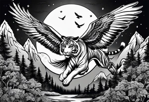 Tiger with wings hunting flying owl full moon forest tattoo idea