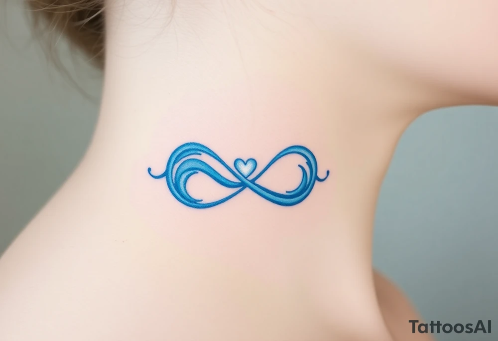 A blue infinity symbol made of delicate waves, with a small heart-shaped pearl tattoo idea
