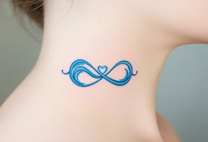 A blue infinity symbol made of delicate waves, with a small heart-shaped pearl tattoo idea