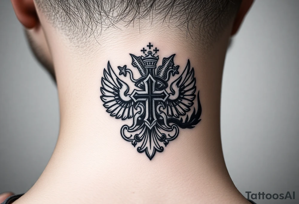 russian coat arms in a russian christian orthodox cross with the cross in the middle with a virgin mary & orthodox dome church on the side of the neck in a wilderness setting tattoo idea