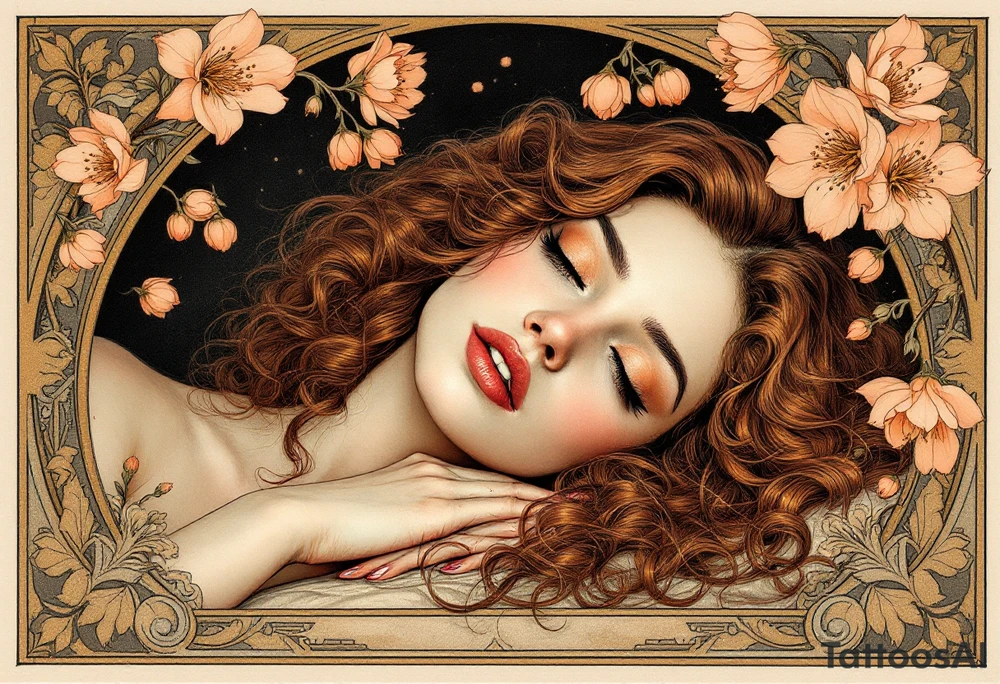 Alfons Mucha’s romantic portrait of a woman with chestnut curls, resting beneath an arched frame of bronze and peach blossoms. tattoo idea
