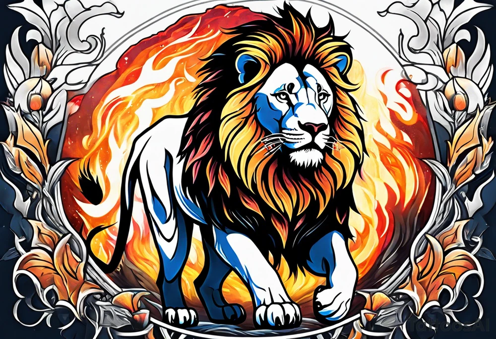 A lion surrounded by fire in full color tattoo idea