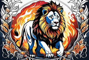A lion surrounded by fire in full color tattoo idea