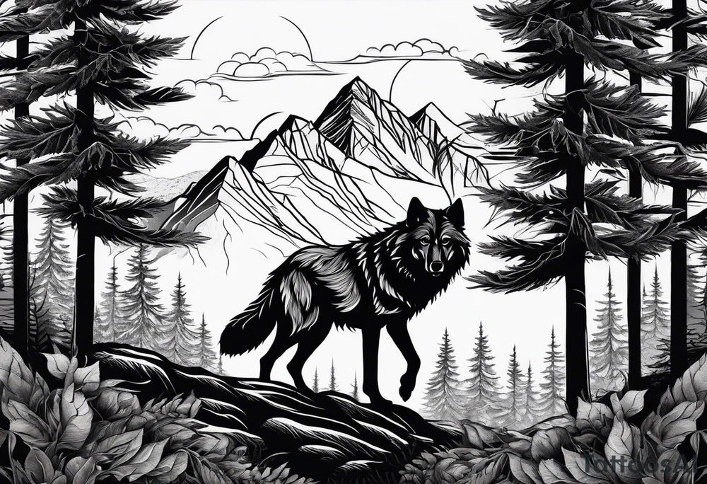 Böser Wolf
Keltische Runen
Vor einen Wald mit Bergen tattoo idea