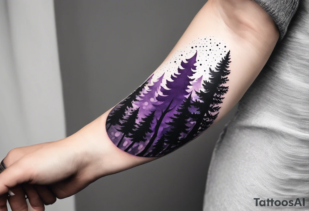 forest, abstract, on hand, no people, purple and black, full, whole wrist wrapped tattoo idea