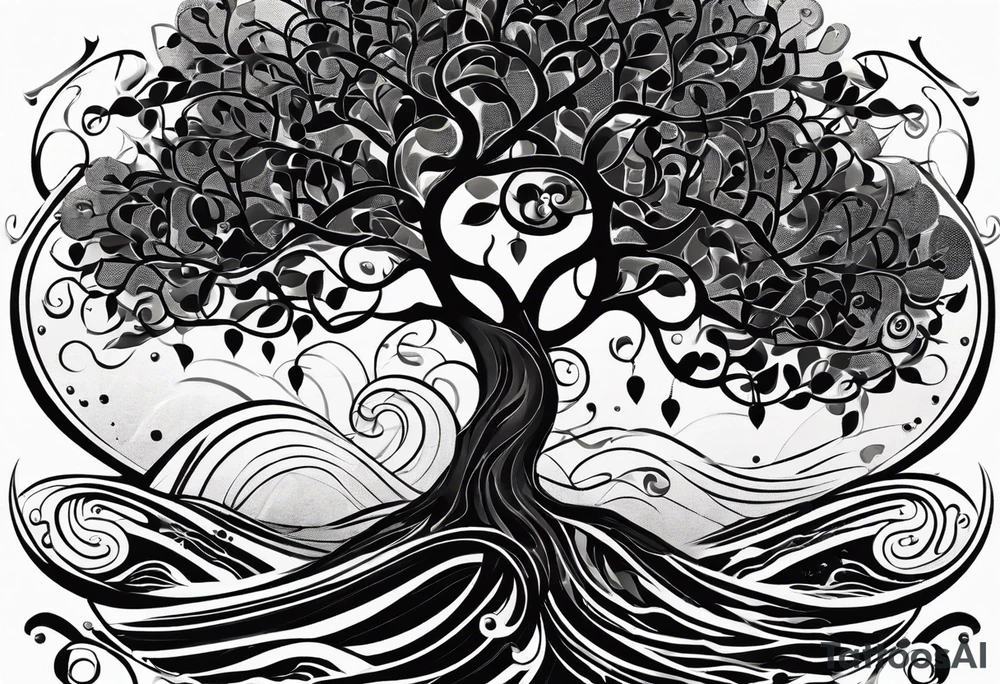A tattoo design that incorporates the following elements: an abstract tree of life that has roots emerging  from the ground. Waves of water encapsulate the tree and wind around it in an organic way.  Incorporate music.   the letters U and A are overlapping and engraved into the tree. a golf ball incorporated but not prominent. tattoo idea