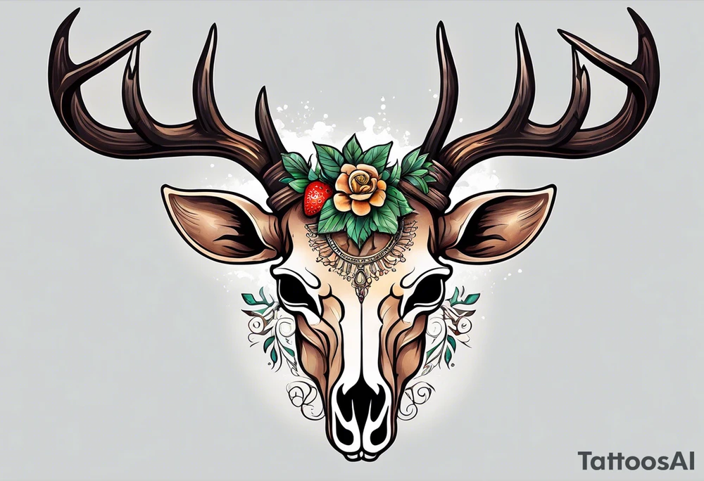 A deer skull. The astrological sign for Aries and Taurus hanging from the antlers. There should be some strawberry imagery in it also. tattoo idea