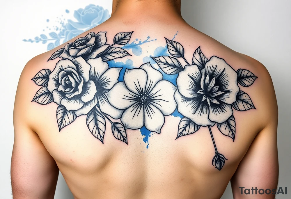 Black and white roses and carnations with blue watercolour behind feminine tattoo idea