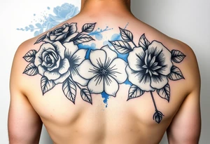 Black and white roses and carnations with blue watercolour behind feminine tattoo idea