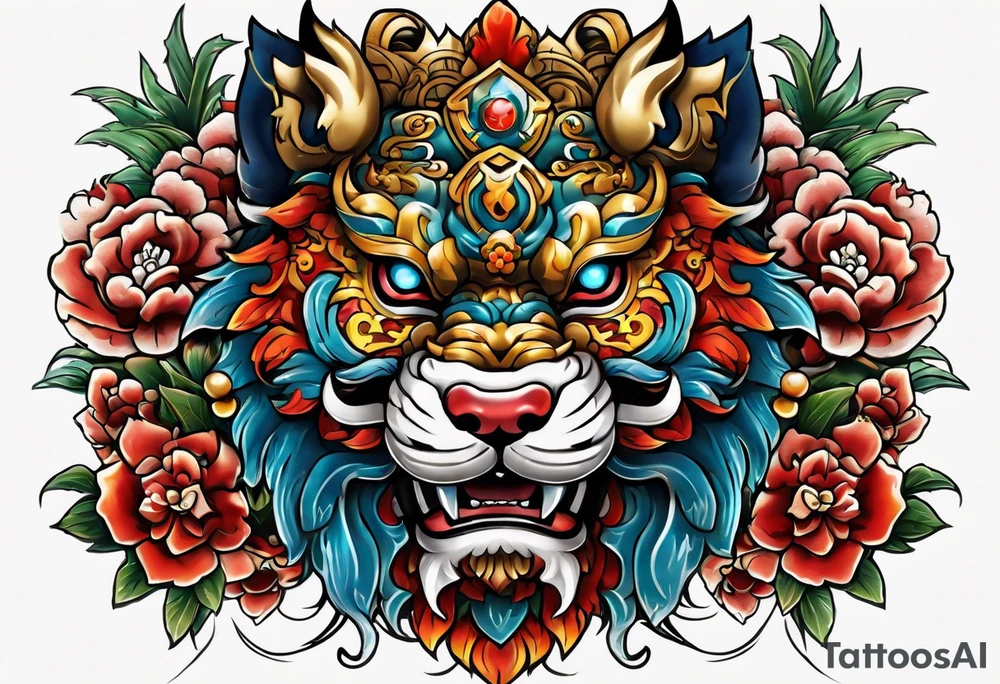 Two Traditional full body, Okinawa shisa on either side of chest. tattoo idea