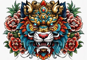 Two Traditional full body, Okinawa shisa on either side of chest. tattoo idea