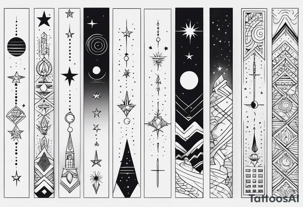 Long narrow line spine tattoo. Includes moon, stars and ancient symbols. Minimal design. Less cartoon tattoo idea