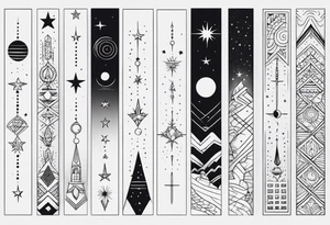 Long narrow line spine tattoo. Includes moon, stars and ancient symbols. Minimal design. Less cartoon tattoo idea