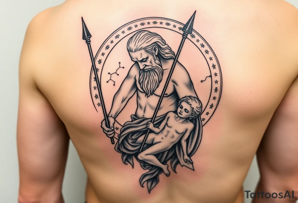 a tattoo design of the Greek God Saturn but older and nearly dying holding his spear looking down using the spear to keep himself upright, in his other arms cradling a twin dying younger version of himself. The gemini constellation is in the background behind the Saturn Gods. Long vertical form as this will be on a thigh - include the planet Saturn rings going round the design tattoo idea
