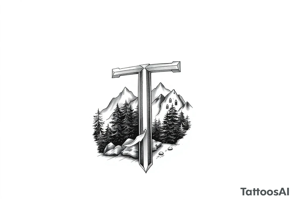 russian christian orthodox cross with the diagonal line at the bottom with a light forrest with a light mountainous setting tattoo idea