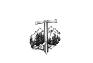 russian christian orthodox cross with the diagonal line at the bottom with a light forrest with a light mountainous setting tattoo idea