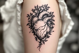 A lifelike heart growing into vines, symbolizing deep emotions and growth. tattoo idea