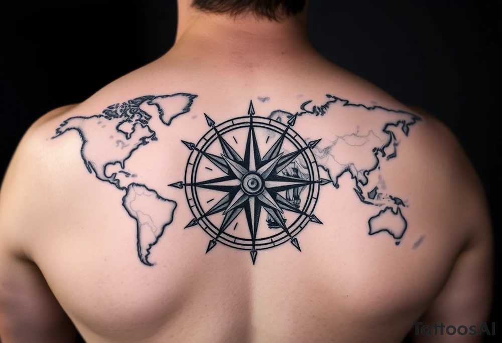 antique compass rose overlaid on weathered world map with sailing ships tattoo idea