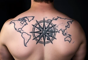 antique compass rose overlaid on weathered world map with sailing ships tattoo idea