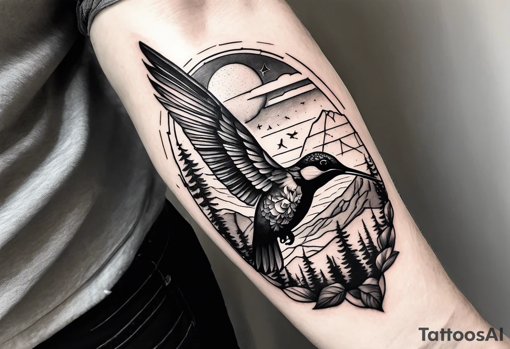 Forearm tattoo with southwest landscape and hummingbird silhouette tattoo idea