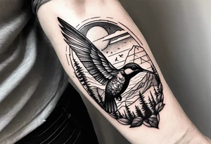 Forearm tattoo with southwest landscape and hummingbird silhouette tattoo idea