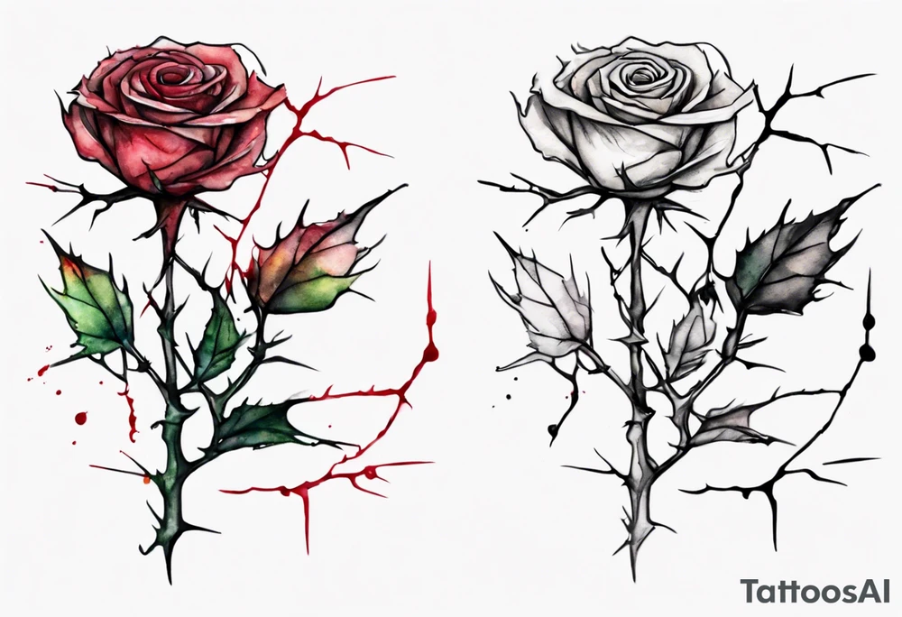 a bleeding watercolor rose, with a crown of thorns as the stem, simple, one line tattoo idea