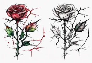 a bleeding watercolor rose, with a crown of thorns as the stem, simple, one line tattoo idea