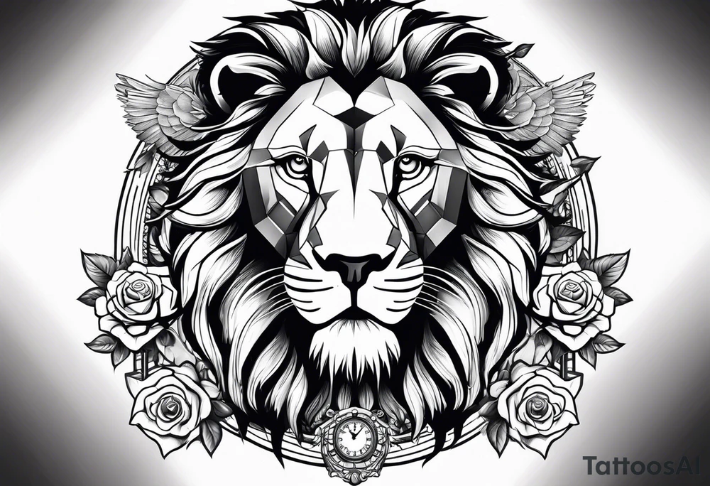 lion side face clock rose cross chain wing on thigh tattoo idea